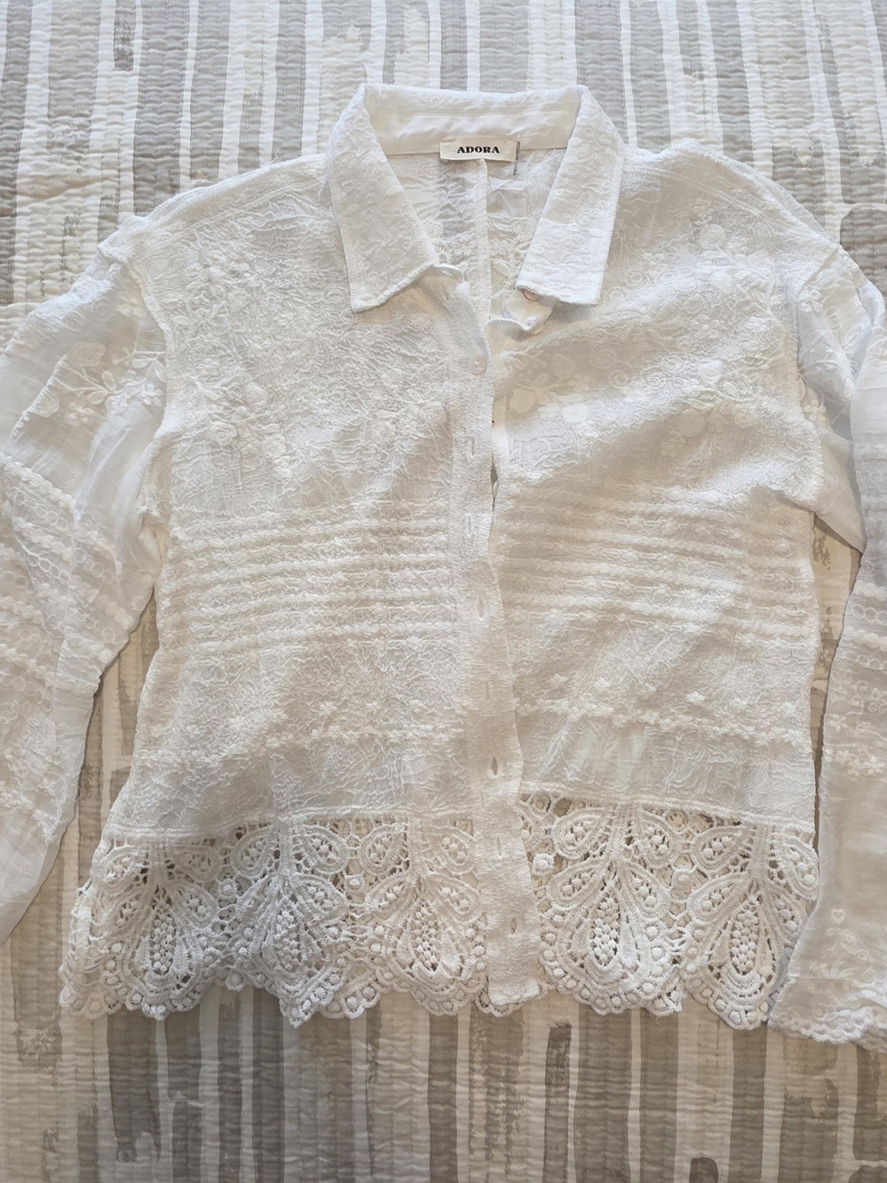 ADORA White Lace-Hem Button Down Blouse